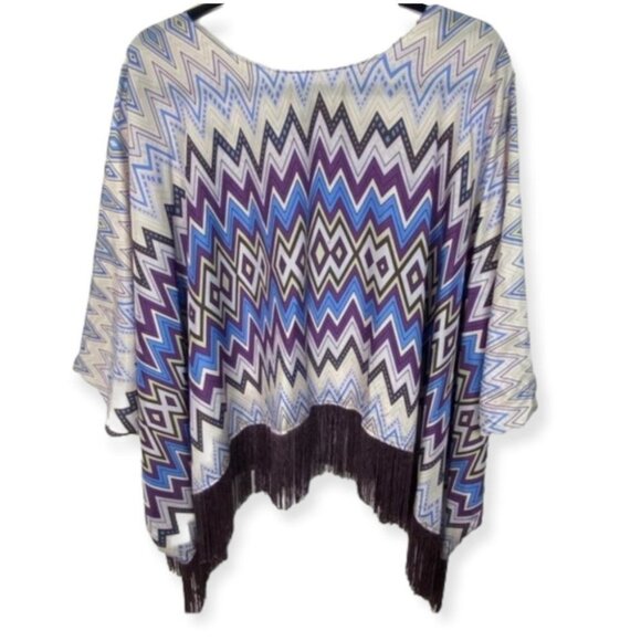 Alexis 100% Silk Lydia Fringe Poncho Purple Blue Bohemian Hippie Designer Top - Picture 4 of 9